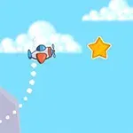 Un avión pequeño volando hacia una estrella dorada en un cielo azul con nubes y montañas en el fondo