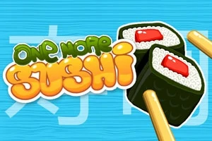 Título colorido con la palabra Sushi en letras grandes y rodajas de sushi acompañadas de palillos sobre un fondo azul