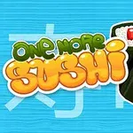 Título colorido con la palabra Sushi en letras grandes y rodajas de sushi acompañadas de palillos sobre un fondo azul