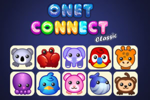 Diseño gráfico colorido con el texto Onet Connect Classic y diez iconos de cabezas de animales en estilo caricatura