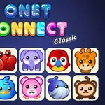 Diseño gráfico colorido con el texto Onet Connect Classic y diez iconos de cabezas de animales en estilo caricatura