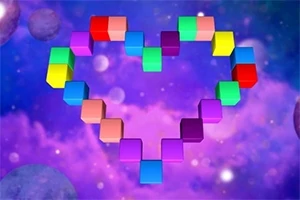 Corazón formado por bloques de colores sobre un fondo cósmico púrpura