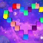 Corazón formado por bloques de colores sobre un fondo cósmico púrpura