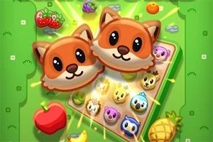 Dos caras de zorritos adorables en la parte superior de un tablero de juego rodeado de frutas y fichas de animales