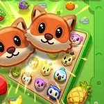 Dos caras de zorritos adorables en la parte superior de un tablero de juego rodeado de frutas y fichas de animales