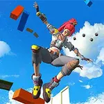 Personaje en ropa colorida con cabello rojo saltando entre bloques flotantes en un cielo azul con nubes
