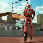 Persona con traje rojo número 60 corre hacia un auto volador en un entorno urbano con edificios y barriles