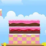 Un pastel de varios niveles con capas de diferentes colores y diseños sobre un fondo de cielo con nubes