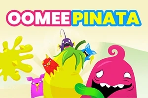 Personajes coloridos y animados con una piñata amarilla y el texto OOMEE PINATA en la parte superior