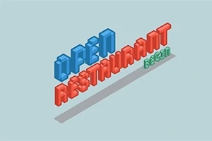 Texto en 3D que dice Open Restaurant Begin con letras azules, rojas y verdes sobre un fondo azul claro