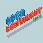 Texto en 3D que dice Open Restaurant Begin con letras azules, rojas y verdes sobre un fondo azul claro