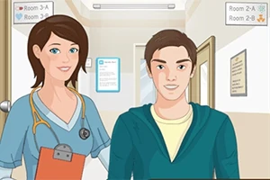 Una enfermera sonriente con uniforme azul junto a un joven en un pasillo de hospital