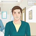 Una enfermera sonriente con uniforme azul junto a un joven en un pasillo de hospital