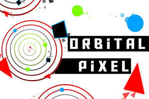 Diseño gráfico con círculos concéntricos, flechas rojas y formas geométricas de colores, junto al texto Orbital Pixel en letras mayúsculas