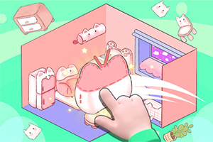 Una mano interactúa con un cuarto decorado en tonos pastel con muebles y objetos en forma de gatos adorables