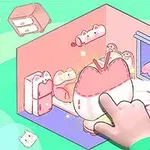 Una mano interactúa con un cuarto decorado en tonos pastel con muebles y objetos en forma de gatos adorables