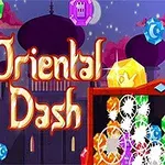 Gemas coloridas flotando frente a una silueta de palacio con cúpulas, con el texto Oriental Dash en el centro