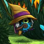 Personajes animados en un bosque, uno con sombrero de mago y otro con armadura azul y casco