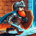Un caballero con armadura y barba roja corre hacia una puerta azul brillante con su espada y escudo en mano, en un entorno medieval