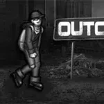 Un personaje caminando frente a un letrero con la palabra OUTCOME en un ambiente oscuro y urbano