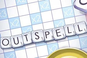 Fichas con letras formando la palabra OUTSPELL sobre un tablero de juego con casillas azules y blancas que muestran multiplicadores de puntos