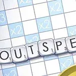 Fichas con letras formando la palabra OUTSPELL sobre un tablero de juego con casillas azules y blancas que muestran multiplicadores de puntos