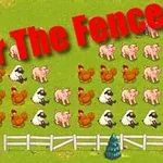 Animales de granja, como ovejas, cerdos y gallinas, organizados en un campo verde con una valla blanca y el texto Over The Fence en rojo
