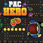 Personaje en un laberinto oscuro con puntos amarillos, enfrentándose a un monstruo verde, bajo un título y dos tomates en el centro