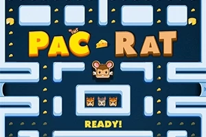 Título Pac Rat con un laberinto azul, un personaje central de ratón y quesos dispersos