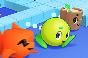 Personajes coloridos con forma de esferas y cubo compiten en una pista azul hecha de cuadrados