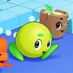 Personajes coloridos con forma de esferas y cubo compiten en una pista azul hecha de cuadrados