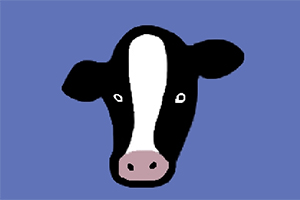 Dibujo de la cabeza de una vaca en colores negro, blanco y rosa sobre un fondo azul