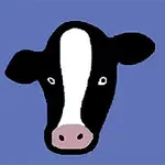Dibujo de la cabeza de una vaca en colores negro, blanco y rosa sobre un fondo azul