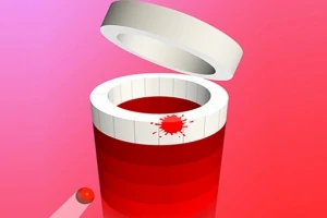 Un cilindro rojo con una tapa abierta, una salpicadura de color rojo y una bola roja al lado sobre un fondo gradiente rosado