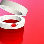 Un cilindro rojo con una tapa abierta, una salpicadura de color rojo y una bola roja al lado sobre un fondo gradiente rosado