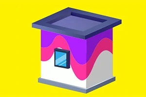 Edificio pequeño con techo plano, paredes blancas con ondas rosas y moradas, y una ventana azul, sobre fondo amarillo