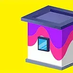 Edificio pequeño con techo plano, paredes blancas con ondas rosas y moradas, y una ventana azul, sobre fondo amarillo