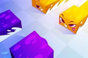 Cubos animados de colores púrpura y amarillo con expresiones faciales en un fondo de cuadros