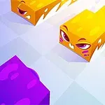 Cubos animados de colores púrpura y amarillo con expresiones faciales en un fondo de cuadros