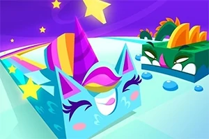 Dos personajes en forma de bloques coloridos y sonrientes, uno con diseño de unicornio y el otro de dinosaurio, en un fondo vibrante con estrellas