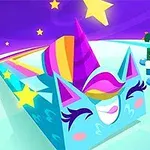 Dos personajes en forma de bloques coloridos y sonrientes, uno con diseño de unicornio y el otro de dinosaurio, en un fondo vibrante con estrellas
