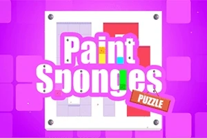 Fondo púrpura con un tablero en el centro y el texto Paint Sponges Puzzle en colores brillantes