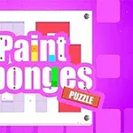 Fondo púrpura con un tablero en el centro y el texto Paint Sponges Puzzle en colores brillantes