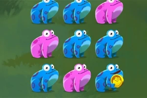 Ranas de colores azul y rosa organizadas en una cuadrícula sobre un fondo verde, con una rana azul sosteniendo una moneda dorada