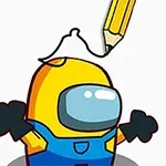 Personaje amarillo con traje azul y casco espacial, con un lápiz grande dibujando sobre su cabeza