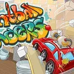 Título en coloridas letras de graffiti sobre una escena con un pequeño coche rojo en una cocina desordenada