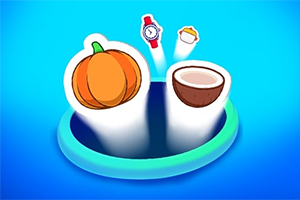 Ilustración de una calabaza y un coco emergiendo de un agujero azul, con un reloj y una magdalena flotando arriba