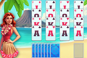 Mujer con falda de hula junto a cartas de juego en una playa tropical con palmeras y montaña al fondo