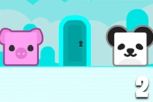 Dos bloques de animales con caras de cerdo rosa y panda blanco frente a una puerta azul con un número dos en la esquina