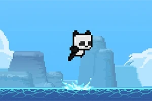 Un panda pixelado saltando sobre el agua con un fondo de montañas azules y cielo claro
